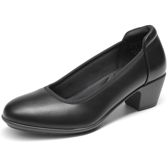 Women’s Low Chunky Heel Pumps - Comfortable Block Round Toe Office Dress Shoes - Picture 1 of 8